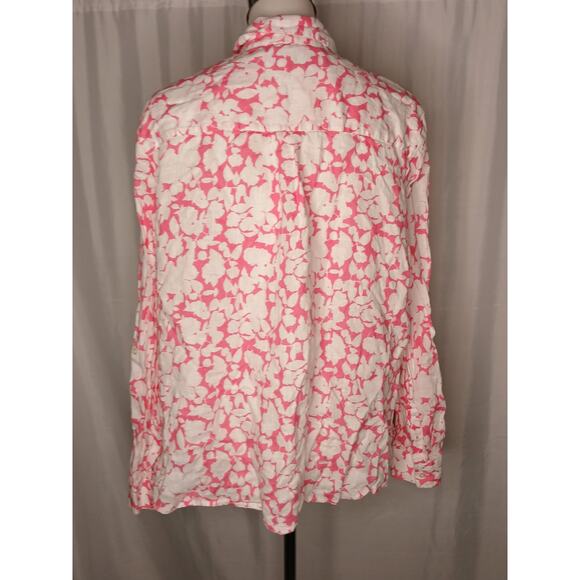 Charter Club 100% Linen Button Up Shirt Coral Pink Floral White Long Sleeve L - Picture 2 of 10
